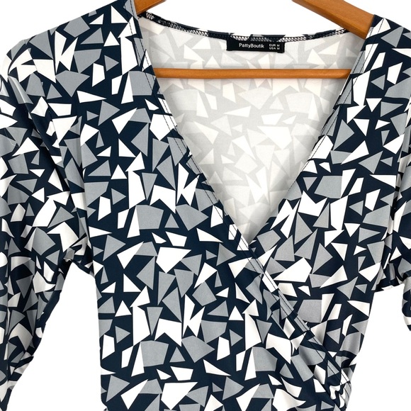 PattyBoutik Geometric Black and Gray Print Faux Wrap Dress in Medium - Picture 4 of 9